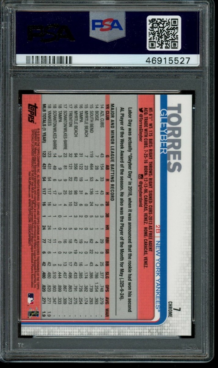 2019 Topps Chrome Sapphire Edition Gleyber Torres #7 PSA 10 2019 Topps Chrome Sapphire Edition Gleyber Torres #7 PSA 10