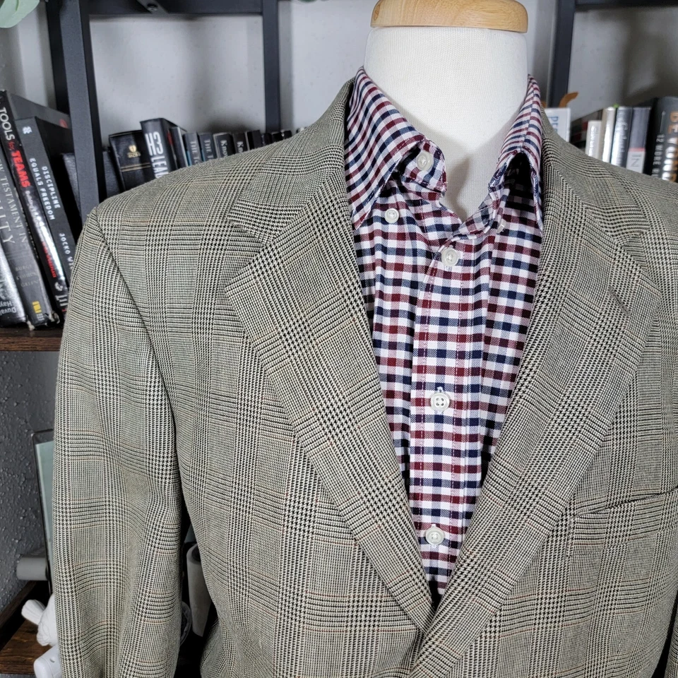 Abrigo Blazer Deportivo Para Hombre Nautica Tres Botones Beige A Cuadros Seda Mezcla Lana 44L Foto 4 de 4