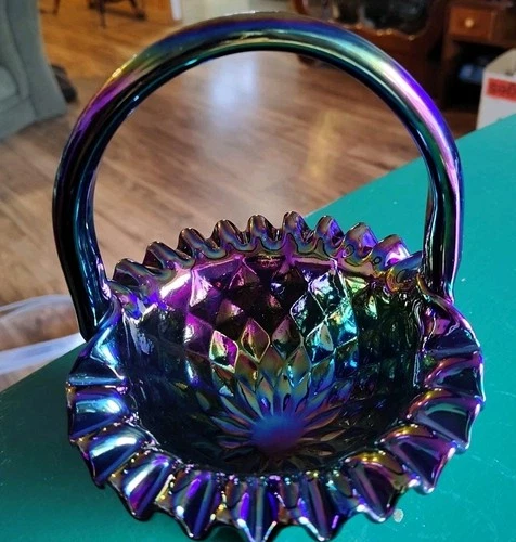 Vintage Fenton Carnival Glass Basket Amethyst Ribbon And Diamond Pattern