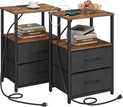 Stylish End Table Set with Charging Station, USB Ports & Cloth Drawer, Brown/Bla
