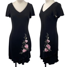 Vintage Y2k Embroidered Floral Mini Dress Chiffon Ruffle Hem Black Pink Rose NEW
