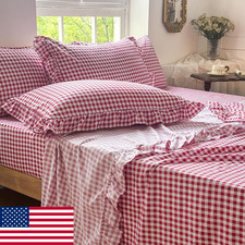 NSNLGSGC Red Gingham Ruffle Queen Sheet Set Soft Microfiber Plaid Farmhouse