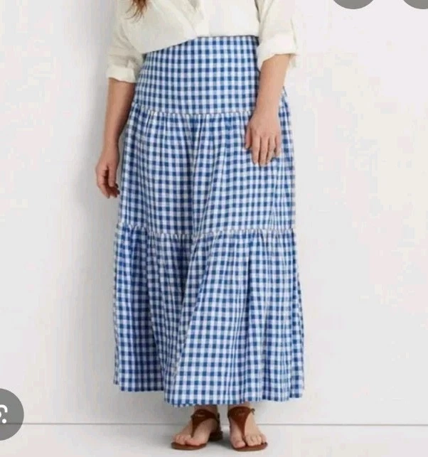 Lauren Ralph Lauren Blue White Gingham Linen Long Skirt 18w Women's Tiered