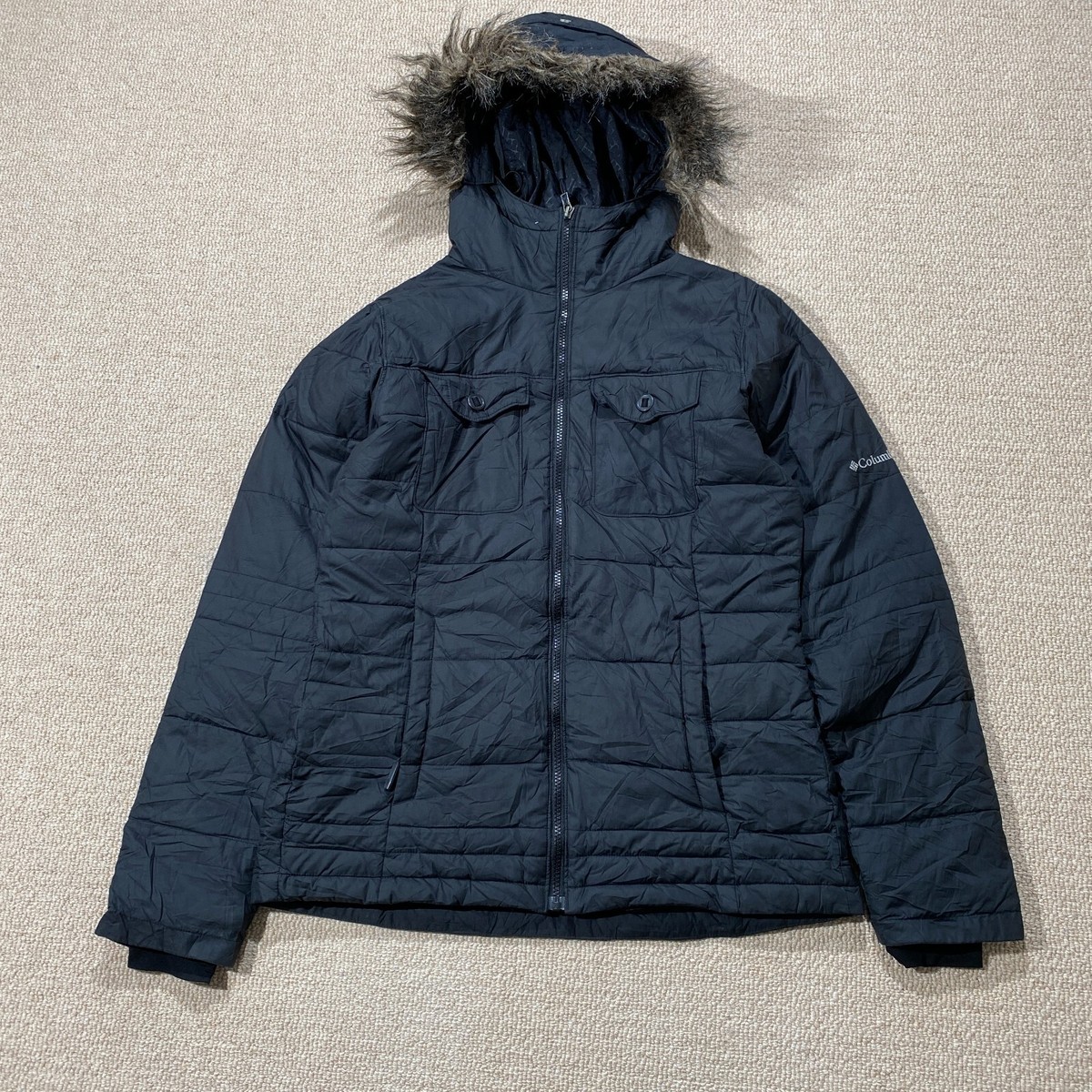 Columbia Puffer Jacket Womens Medium Black Quilted Faux Fur Hooded Outdoor