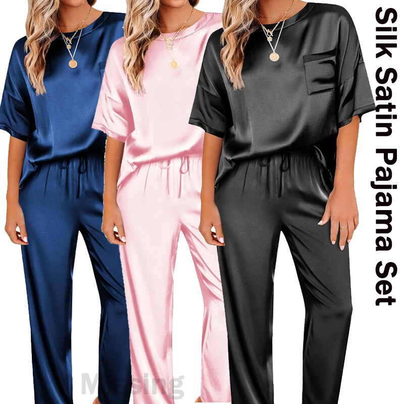 Women's Silk Pyjama Set – Short Sleeve Top & Long Pants, Floral Print, 95% Polyester 5% Spandex, Comfy Sleepwear & Loungewear