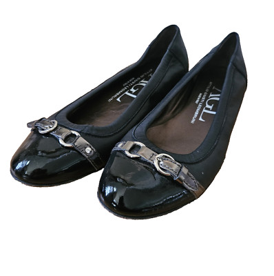 AGL Patent Leather Womens Monika Flats Buckle 6.5 38 Italian Black Classic Work