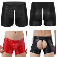 Men Wet Look Patent Leather Low Rise Boxer Brief Underwear Open Butt Bulge Pouch