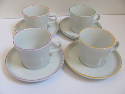 Arzberg Colori - Germany-White w Various Colored Rims- Set of 4 Cups & Saucers