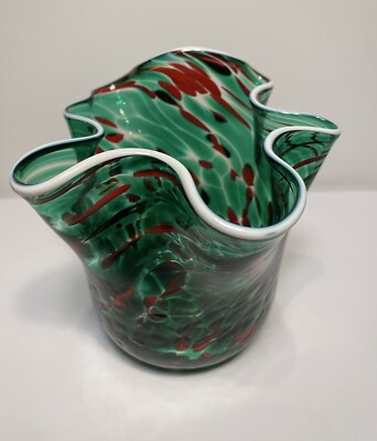 Arnold Larson Green Swirl Art Glass Vase Red Green Signed 4.25 H 4 W