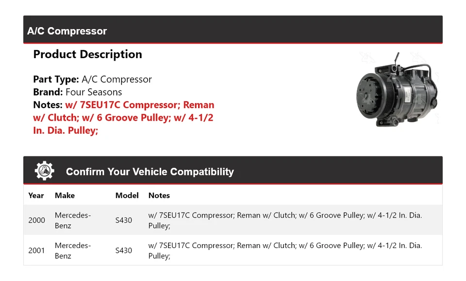 Compresor de aire acondicionado para Mercedes-Benz S430 2000-2001 4 estaciones Foto 2 de 4