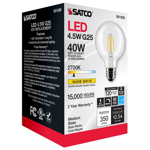 Satco S21226 LED Globe Filament Bulb 120V 4.5W G25 Medium E26 2700K Warm White - Picture 10 of 11
