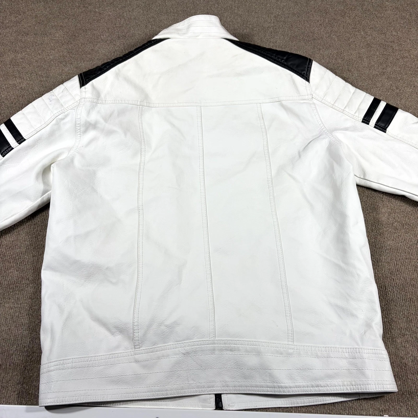 Distortion Biker Jacket Mens XL White Faux Leather Mock Neck Full Zip Racing image 10
