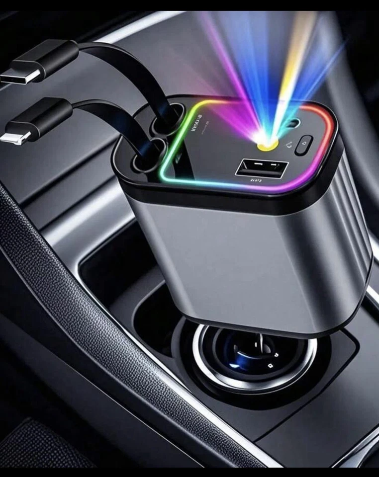 Cable Cargador Coche 4 en 1 Retráctil Doble Puerto USB-C, PD Adaptador Carga Rápida Foto 4 de 4