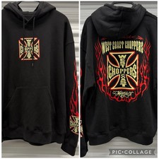West Coast Choppers Black Hoodie Sweater Iron Cross Flames Mens Medium New M