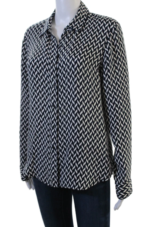 Blusa Theory Mujer Negra Geométrica Cuello Seda Abotonada Manga Larga Talla M Foto 2 de 4