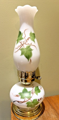 Vintage Hurricane White Milk Glass Lamp Hand Painted Green Vine Cottage core