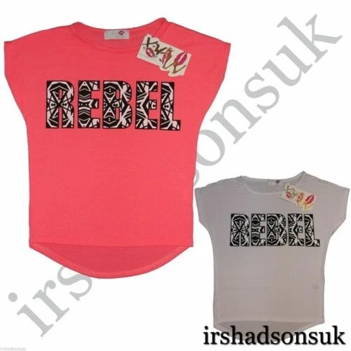 New Mädchen "Rebel" Print Kurzarm Stylisches T-Shirt / Top Größe 7-13 Jahre - Bild 1 von 1
