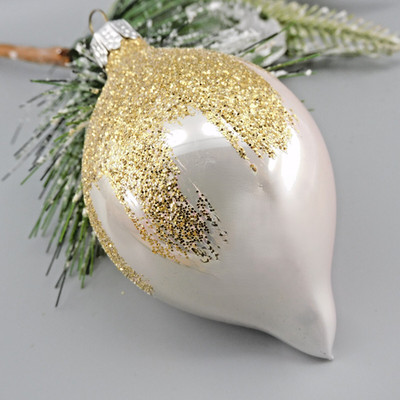 Snowcap Pearl Finish Teardrop Ornaments 2 Pcs Gold Glitter on Blown Glass (dd-3)