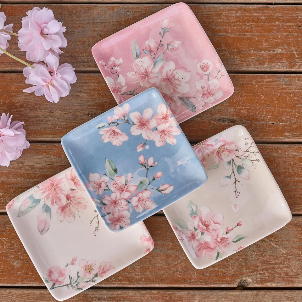 Spring Sakura 6 inch Ceramic Square Appetizer Plates Set, Set of 4, Microwave... - Image 3 of 3