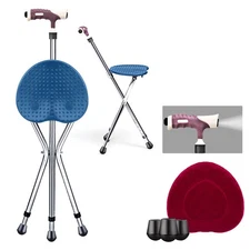 Adjustable Folding Cane Seat Aluminum Alloy Crutch Chair With Light Blue