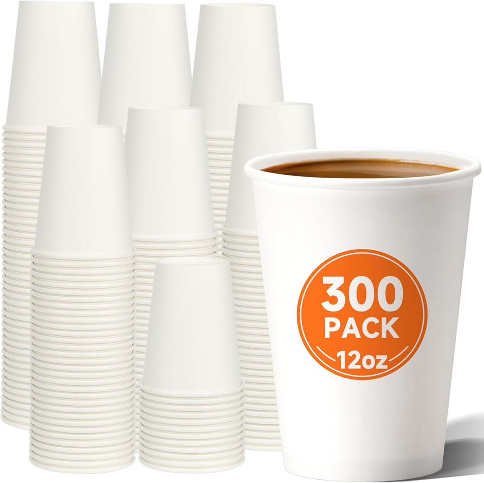 12 Oz Disposable Paper Coffee Cups [300 Pack], White Hot Coffee Cups 12 ...