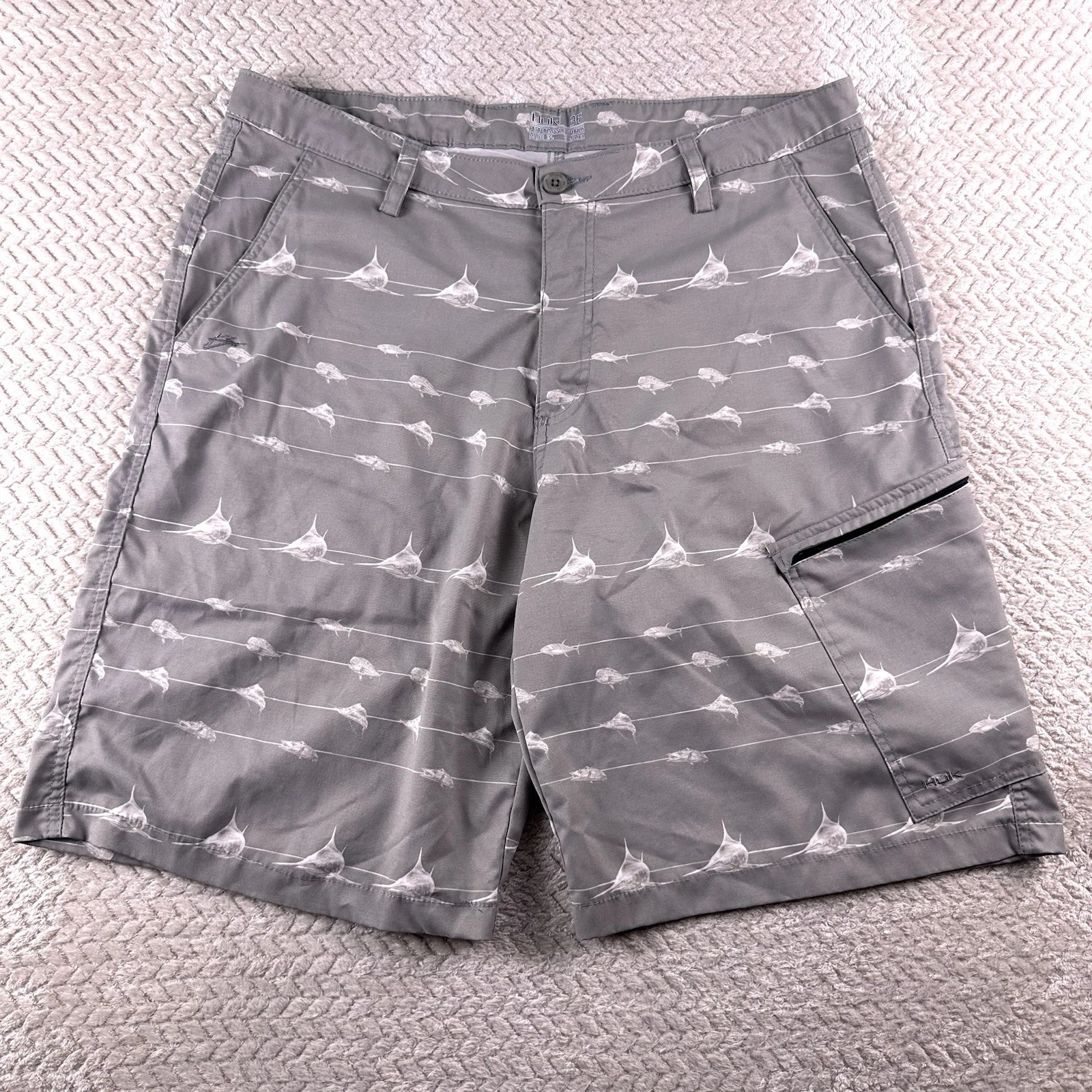 Huk Performance Shorts Gray Mens Fabric Sz 36 W/ Marlin Fish Design