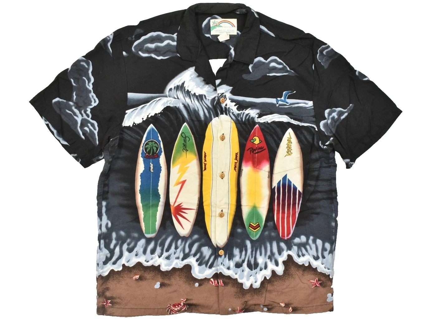 Paradise Found Hawaii Mens Large Black Rayon Surfboard Wave Allover Print Hawaii