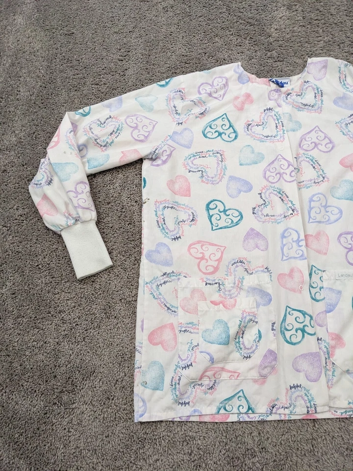 Vintage Landau Scrub Top Womens 1X Hearts Long Sleeve Belted Made in USA - Image 3 of 4