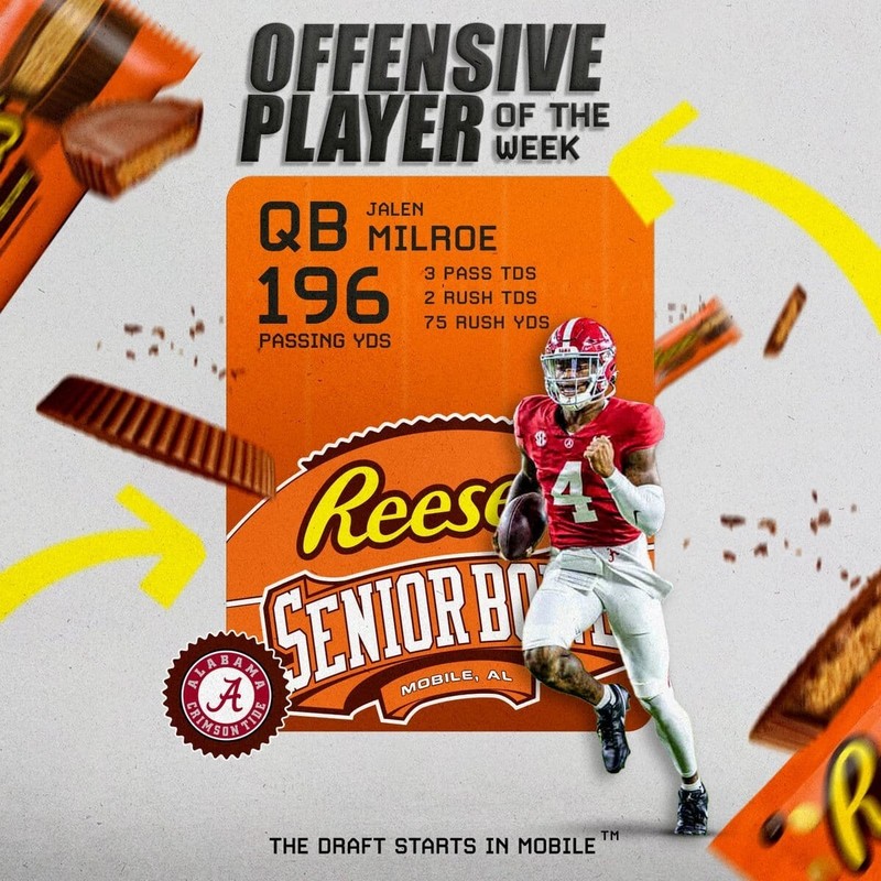 2025 SENIOR BOWL ALABAMA JALEN MILROE SEATTLE SEAHAWKS PLAYER THE WEEK ROOKIE 