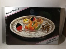 Five Section Relish Tray Silverplate with Crystal Sections in Original Box