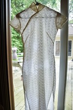 Antique Vintage 1940s Chinese Qipao Cheongsam Embroidered Floral Lace Dress