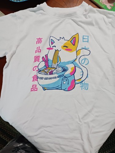Kawaii Anime Japanese Neko Cat Eating Ramen Noodle Bowl White T Shirt Size M