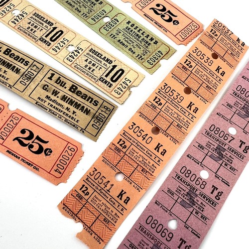 Vintage Tickets Lot of 31 -Bus, Beans, Ice Skating- Ephemera Paper Junk Journal - Afbeelding 1 van 9