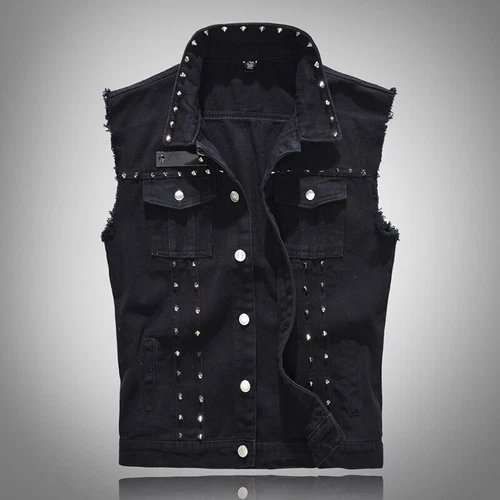 Studded Denim Gilet Sleeveless Biker Jacket Waistcoat Punk Casual Jeans Vest - Picture 9 of 19