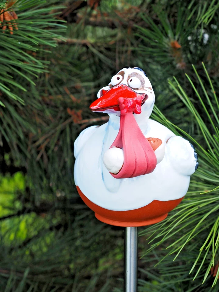 Keramik Gartenkugel Dekoration Statue Vogel Storch H18cm Midene Handgefertigt - Bild 3 von 4