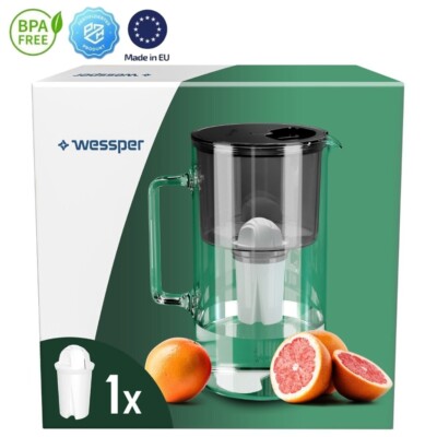 Wessper Glas Wasserfilter 2.5L Karaffe mit 1 Kartusche, Reduziert Kalk und Chlor