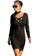 Black Crisscross Plunge Long Sleeve Choker Neck Mini Dress