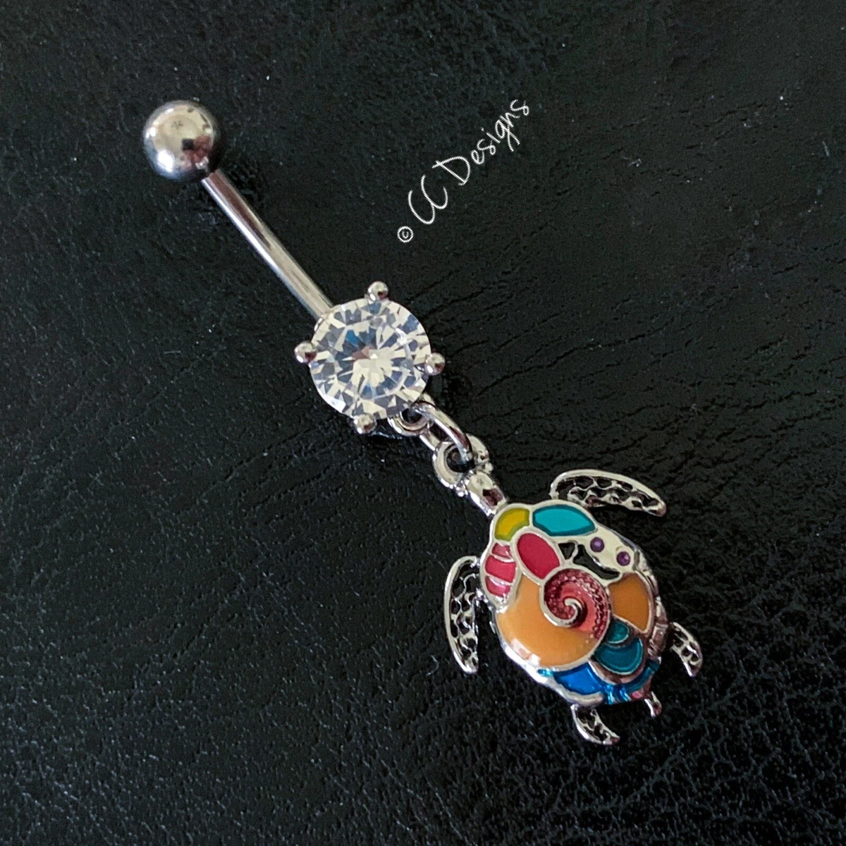 14g White Cz Dangle Rainbow Swirl Turtle Navel Belly Button Ring