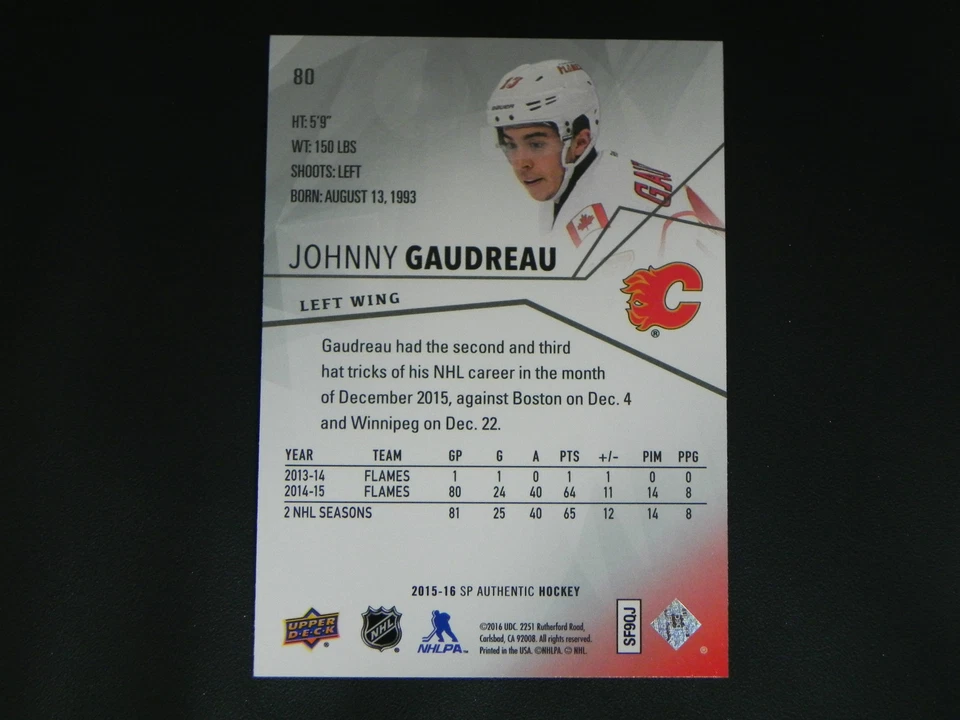 2015-16 SP Authentic Base Card #80 Johnny Gaudreau Calgary Flames - Image 2 of 2