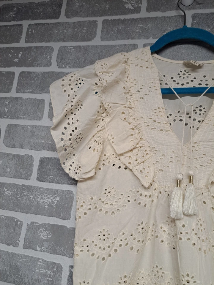 Artalier Nicolle Miller Ivory Eyelet Double Ruffle Sleeve Tassel Womens Blouse S - Image 3 of 4