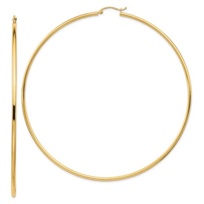 Real 14kt Yellow Gold Polished 2x90mm Lightweight Round Tube Hoop Earrings