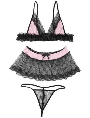 Männer Sissy Spitze Lingerie Set BH mit Mini Rock und String Slip Reizwäsche - Bild 59 von 72
