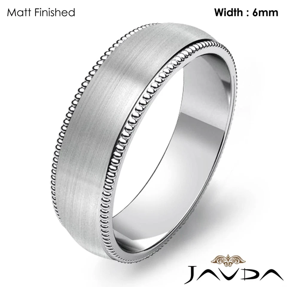 Alianza de boda sólida para hombre anillo borde milgrain cúpula 6 mm oro blanco 14 k 7 g tamaño 9-9,75 Foto 2 de 4