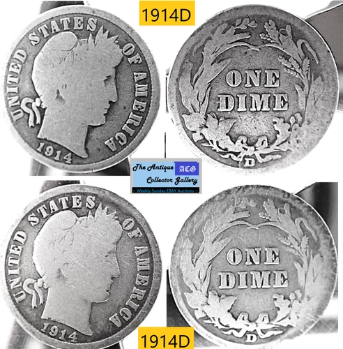 2 Antique 1914 D⌛US Denver Mint Silver Barber Dimes🪙As Depicted🪙
