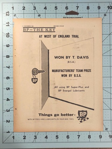 1962 BSA BP Victory Ad Tony Davis West of England Trial Mobil Gas Technical Ad