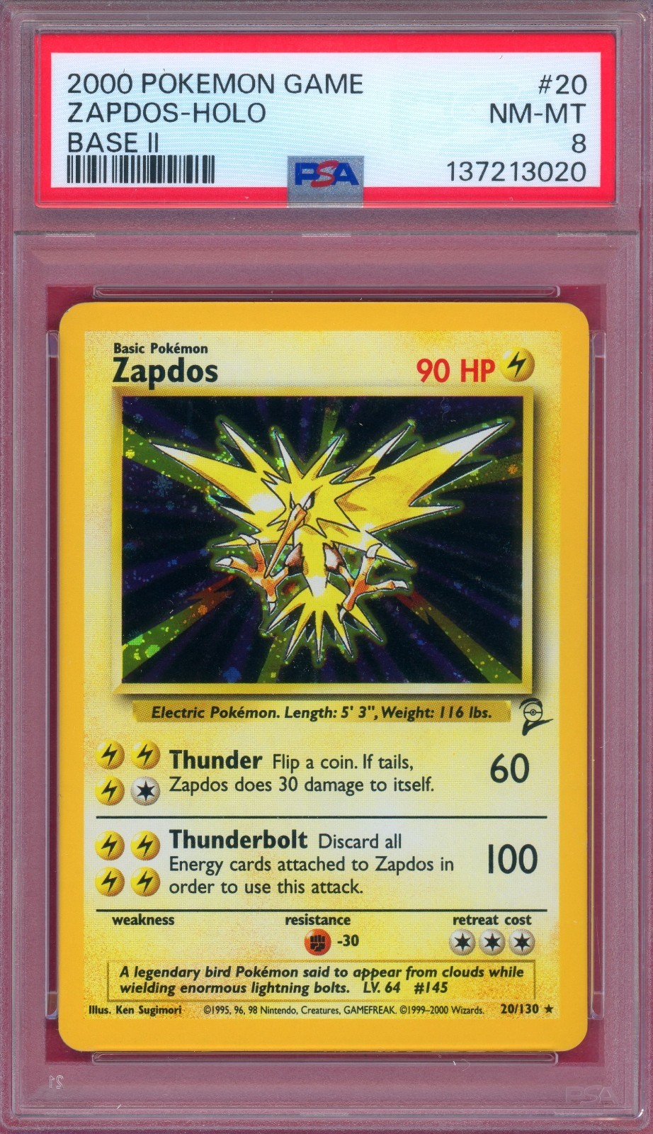 PSA 8 Base Set 2 Zapdos Holo 20/130 Pokémon Card WOTC 1999