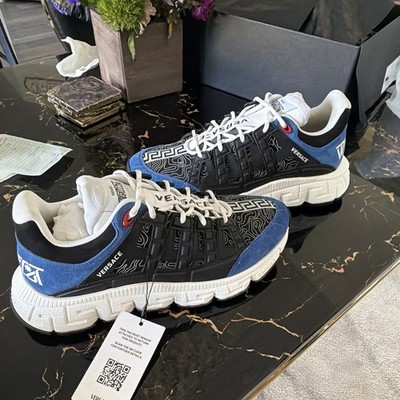 Versace Trigreca Men's Low Top Lace-Up Athletic Sneakers Black Blue White