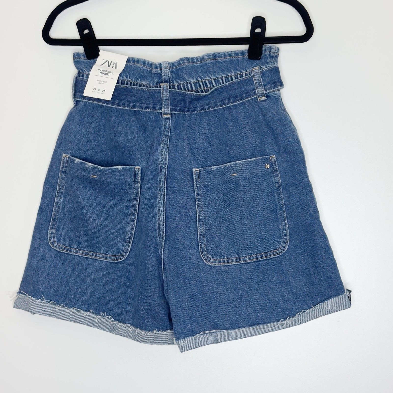 New Zara Paperbag High Waist Belted Denim Shorts Women's Size 6 thumbnail 2