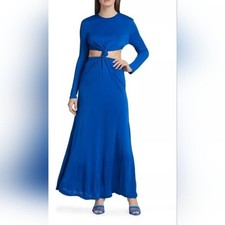 Farm Rio Royal Blue Knotted Cutout Satin Maxi Dress Size SX NWOT