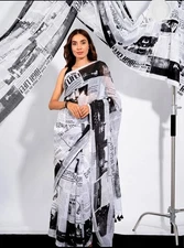 Saree Sari BLACK WHITE Color Paper pint Made By Hand Loom india